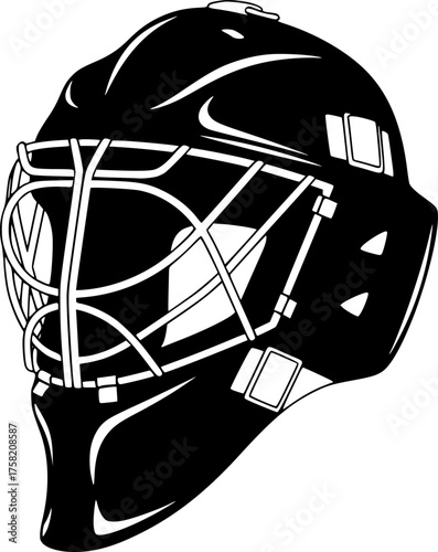 Goalie mask silhouette. This image shows a black silhouette of a goalie mask with white lines representing the cage and structure of the mask. Vector clipart illustration design