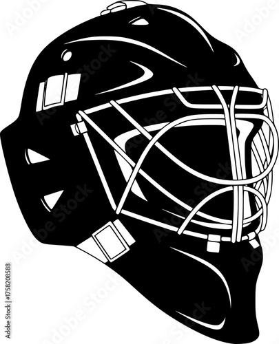 Goalie mask silhouette. This image shows a black silhouette of a goalie mask with white lines representing the cage and structure of the mask. Vector clipart illustration design