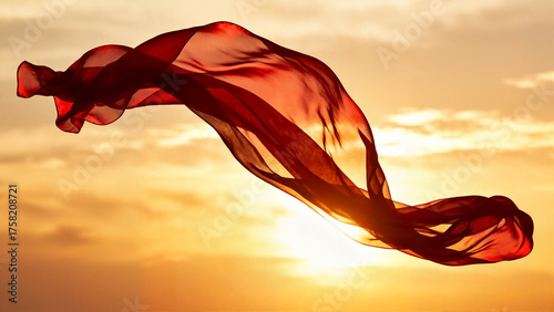 A large piece of sheer red silk fabric gracefully flows and billows in the wind against a dramatic, warm orange and yellow sunset sky.