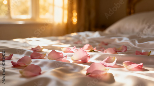 Pink and white rose petals are scattered across luxurious white silk sheets on a bed, illuminated by warm, dramatic sunset light filtering through a window.