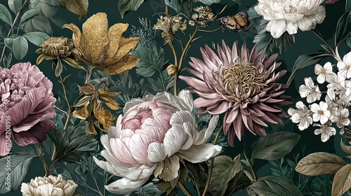 Lush botanical floral arrangement with detailed blossoms and foliage.