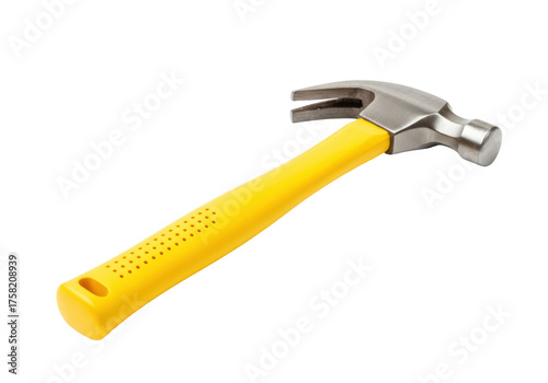 Isolated claw hammer with yellow handle, construction tool for driving or removing nails