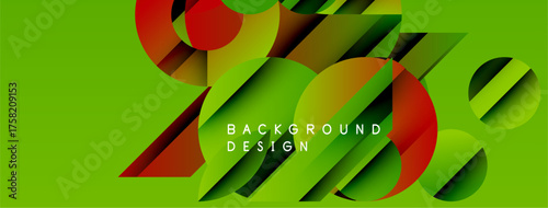 Abstract vibrant design. Overlapping circles, rectangles create dynamic composition. Bright green background enhances visual impact.