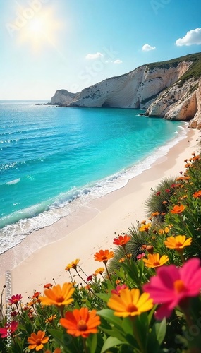 Maltese Summer Serenity Golden Sunlight Bathes Pristine Beach, Turquoise Waters Lap Shore, Vibrant Wildflowers Bloom