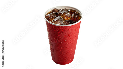 Refreshing cold drink in a red cup filled with ice and soda on a warm afternoon on a transparent background