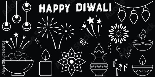 A collection of Diwali-themed hand-drawn sketches including lamps (diyas), rangoli patterns, fireworks. Diwali celebration vector icon set. Happy Deepavali, Hindu festival of lights India symbols.