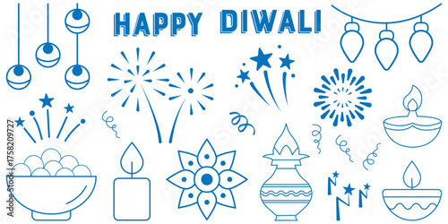 A collection of Diwali-themed hand-drawn sketches including lamps (diyas), rangoli patterns, fireworks. Diwali celebration vector icon set. Happy Deepavali, Hindu festival of lights India symbols.