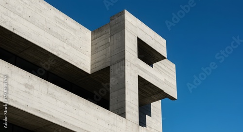 Wallpaper Mural Concrete Building exterior against bright blue sky showcases brutalist architecture with strong geometric shapes and patterns in full sun, useful as a modern design Torontodigital.ca