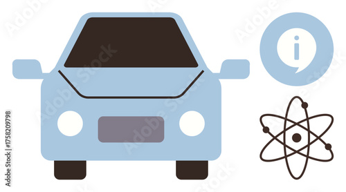Blue car, atom structure, and information symbol convey eco-friendly innovation, clean energy, and advanced tech. Ideal for sustainability, energy, science, transportation education innovation