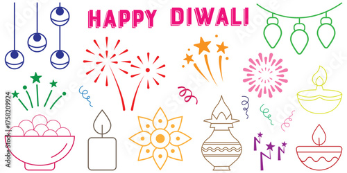 A collection of Diwali-themed hand-drawn sketches including lamps (diyas), rangoli patterns, fireworks. Diwali celebration vector icon set. Happy Deepavali, Hindu festival of lights India symbols.