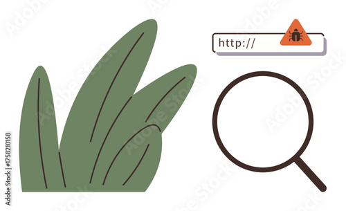 Magnifying glass, green leaves, browser bar with bug alert icon. Ideal for cybersecurity, hacking, browsing safety, internet risk, malware check, software testing simple flat metaphor