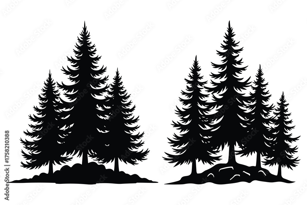 Obraz premium Black silhouette of pine trees on white background