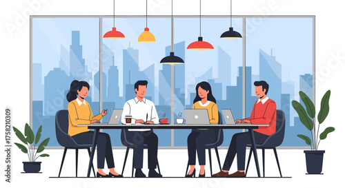 Diverse Business Team Meeting in Modern Office with City View for Corporate Strategy