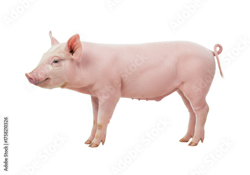 Cuadro en lienzo Isolated pig standing sideways with curly tail, mammal, farm animal, livestock,