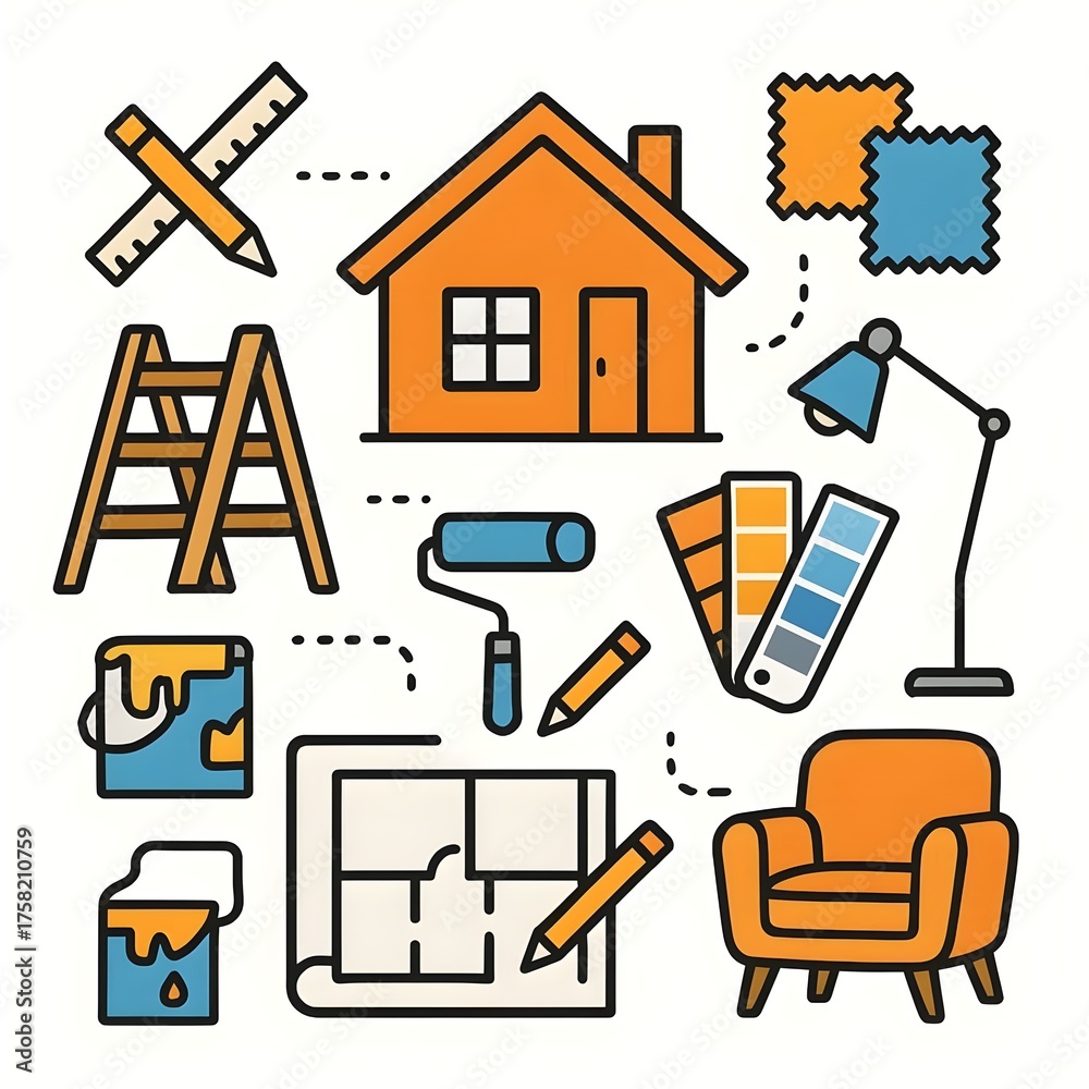 Fototapeta premium Home Interior Design and Renovation Tools and Elements Flat Illustration Set