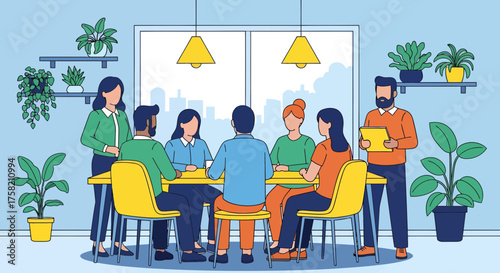Diverse people gathering and socializing in a modern office cafeteria