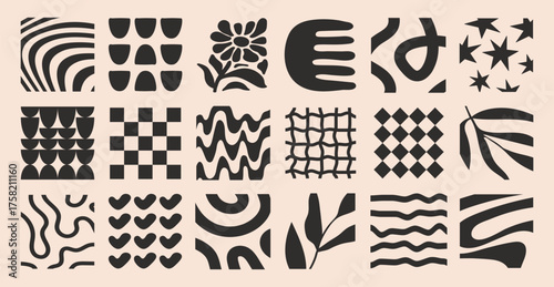 Abstract set of simple minimal organic shapes, hand drawn waves, flower, leaf. Vector design for wall art, prints, decoration. 