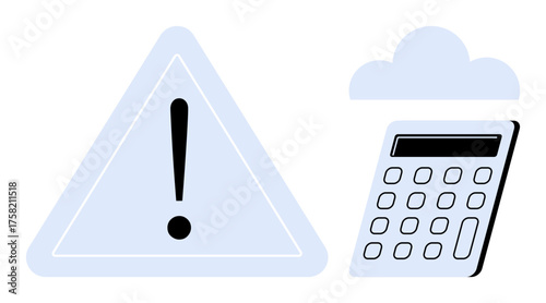 Exclamation mark in warning triangle next to calculator under cloud emphasizes risk awareness and problem-solving. Ideal for financial planning, risk management, crisis action, analytics