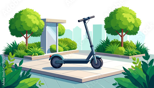 An electric scooter parked on a paved area surrounded by lush green trees and bushes in an urban park setting with city buildings in the background.