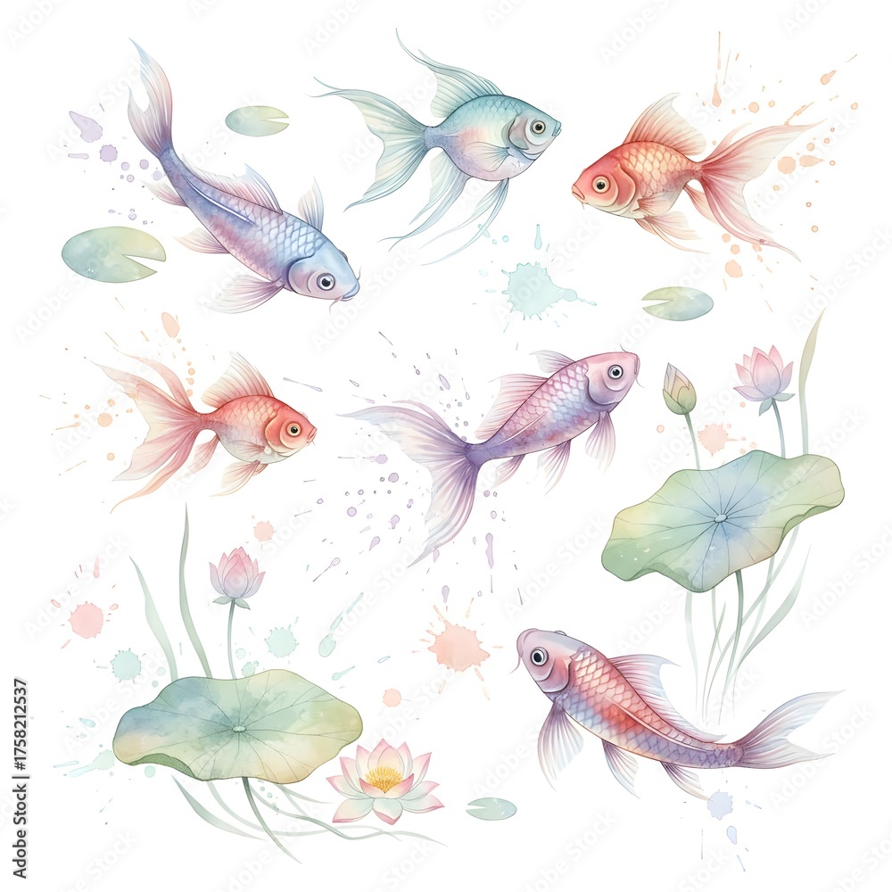 Obraz premium Graceful Watercolor Ornamental Fish in Soft Pastel Tones