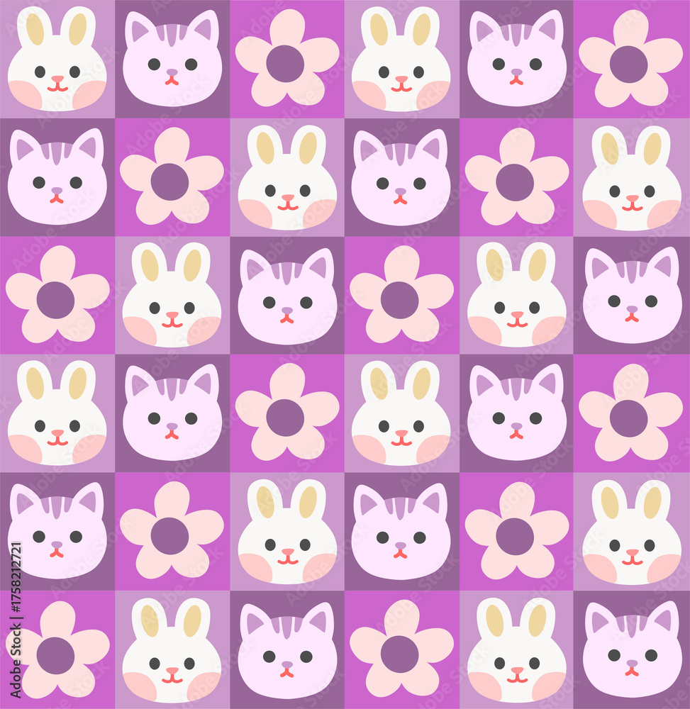 Fototapeta premium Adorable Purple Seamless Pattern with Cartoon Cats and Rabbits 
