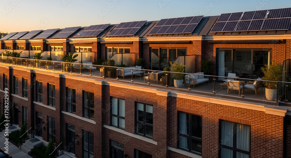 Obraz premium Modern brick townhouses with rooftop solar panels and chic outdoor living spaces bathed in warm golden hour sunlight, perfect for sustainable urban lifestyle.