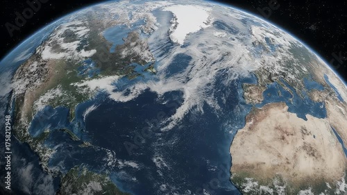 Detailed view of Earth showing land masses, oceans, clouds, and the curve of space