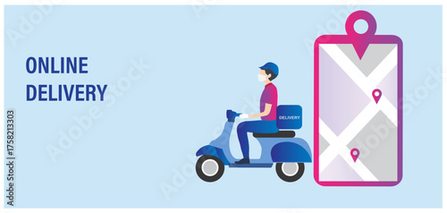 Delivery service concept, delivery man riding motorbike to delivery stuffs for customer with gps navigation on mobile location  vector illustration