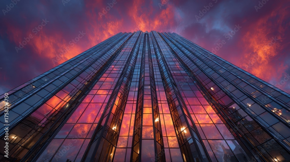 custom made wallpaper toronto digitalGlass skyscraper reflects vivid sunset colors, perspective from below. Use for business, architecture or conceptual themes about urban life.