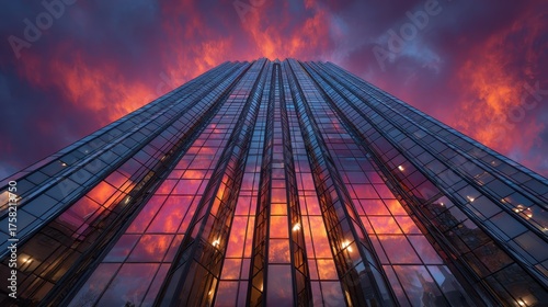 Wallpaper Mural Glass skyscraper reflects vivid sunset colors, perspective from below. Use for business, architecture or conceptual themes about urban life. Torontodigital.ca
