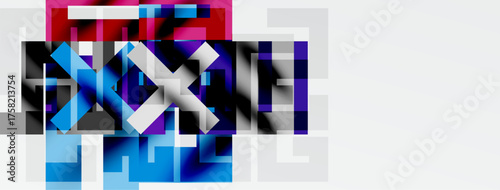 Abstract geometric composition. Squares, rectangles overlap creating vibrant color blocks. Cool blues contrast warm reds, grays dominate.