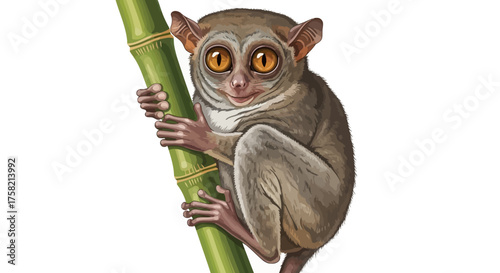Adorable Cartoon Tarsier with Large Eyes Clinging to Bamboo Branch.