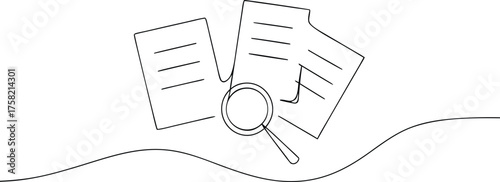 Magnifying glass over documents line art paper research