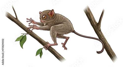 Cartoon Tarsier Climbing on a Branch with Big Eyes and Long Fingers.