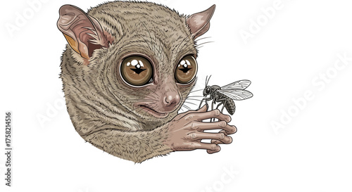 Cartoon Tarsier with Big Eyes Holding a Fly Illustration.