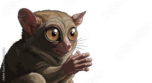 Cartoon Tarsier with Large Eyes and Clasped Hands Illustration.