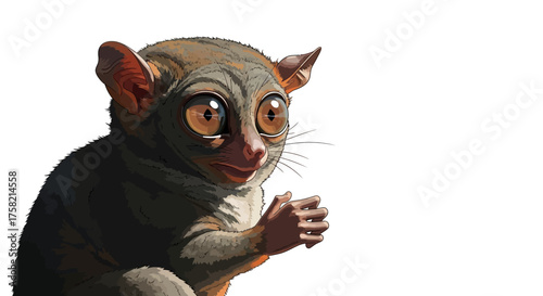 Cartoon Tarsier with Large Eyes and Detailed Fur Texture Illustration.