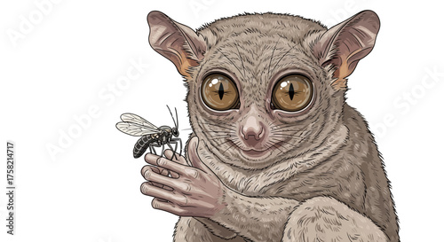 Tarsier Holding Insect with Large Eyes and Furry Texture Illustration.