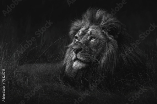 Majestic lion rests in tall grass, its regal gaze focused intently. Black and white photograph