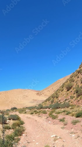 Driving along a country road in Altai desert and semi-desert environment.