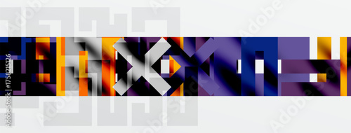 Abstract geometric pattern. Dark, orange, purple hues blend. Rectangles form complex design. Minimalist aesthetic, modern art style.