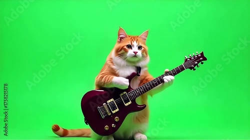 Cute Cat Playing Electric Guitar on Green Screen Background for Creative Music and Compositing Projects