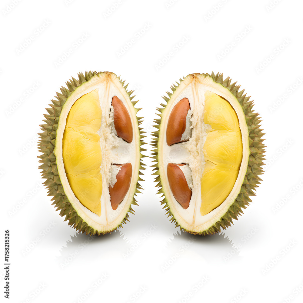 Fototapeta premium Durian Fruit Cut Halves Multiple Pods Seeds