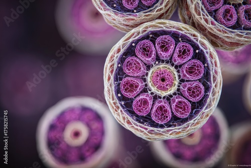 Digital rendering of a microscopic cross-section revealing complex biological cellular structures