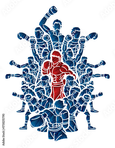 Group of Boxers Boxing Sport Kickboxing Mix Action Muay Thai Cartoon Graphic Vector