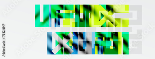 Abstract geometric shapes, vibrant greens, blues, whites form complex pattern. Minimalist design, modern aesthetic, clean lines dominate composition.