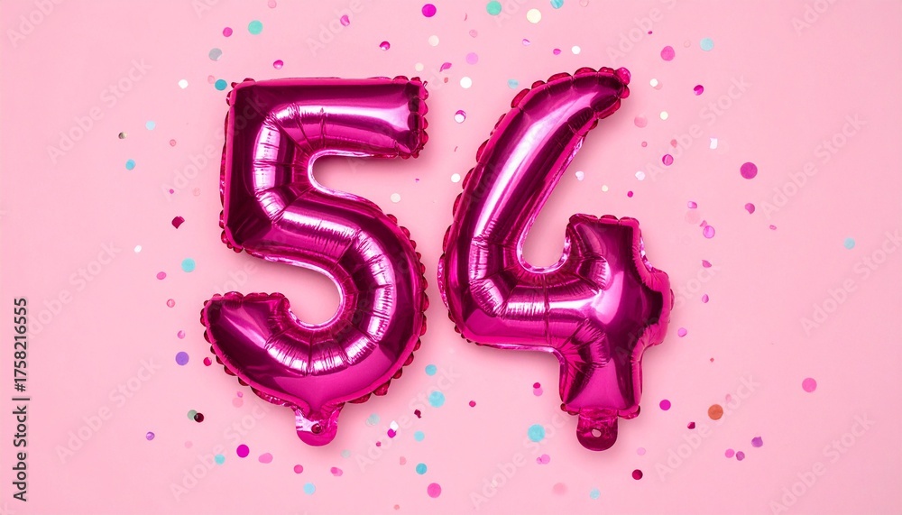 Obraz premium Pink balloon number 54 with confetti on solid colored background. Photo for anniversary or birthday party