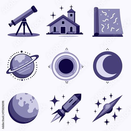 Explore the cosmos with this modern, stylish collection of space and science icons featuring rockets, planets, telescopes, and celestial bodies.
