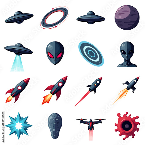 Explore the cosmos with vibrant alien spacecraft, rockets, and celestial bodies in this dynamic collection of sci fi icons
