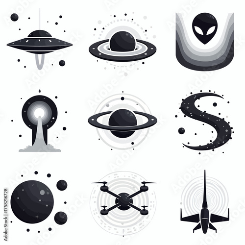 Explore the cosmos with this dynamic collection of futuristic space icons featuring UFOs, planets, rockets, drones, and alien symbols for innovative designs.
